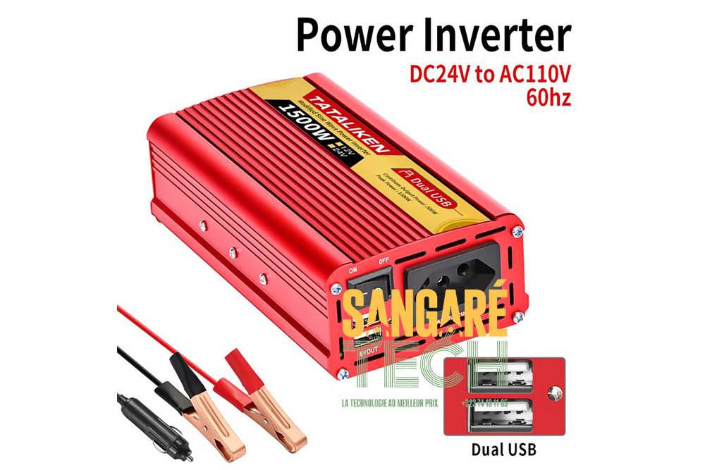 Convertisseur de Tension 1500W DC 24V vers AC 110V avec Double Port USB